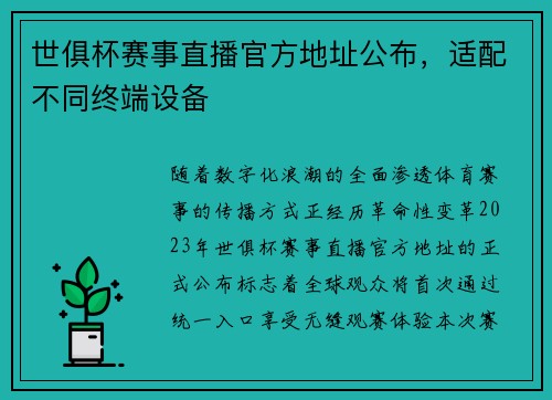 世俱杯赛事直播官方地址公布，适配不同终端设备